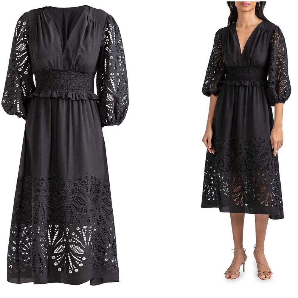 NWT Shoshanna Ari Laser Cut Midi Eyelet Dress Black Size 2 - Picture 16 of 16